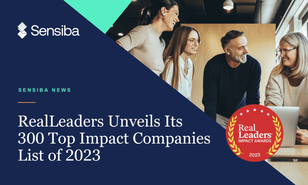 People looking at on and another. And the real leaders impact award logo.